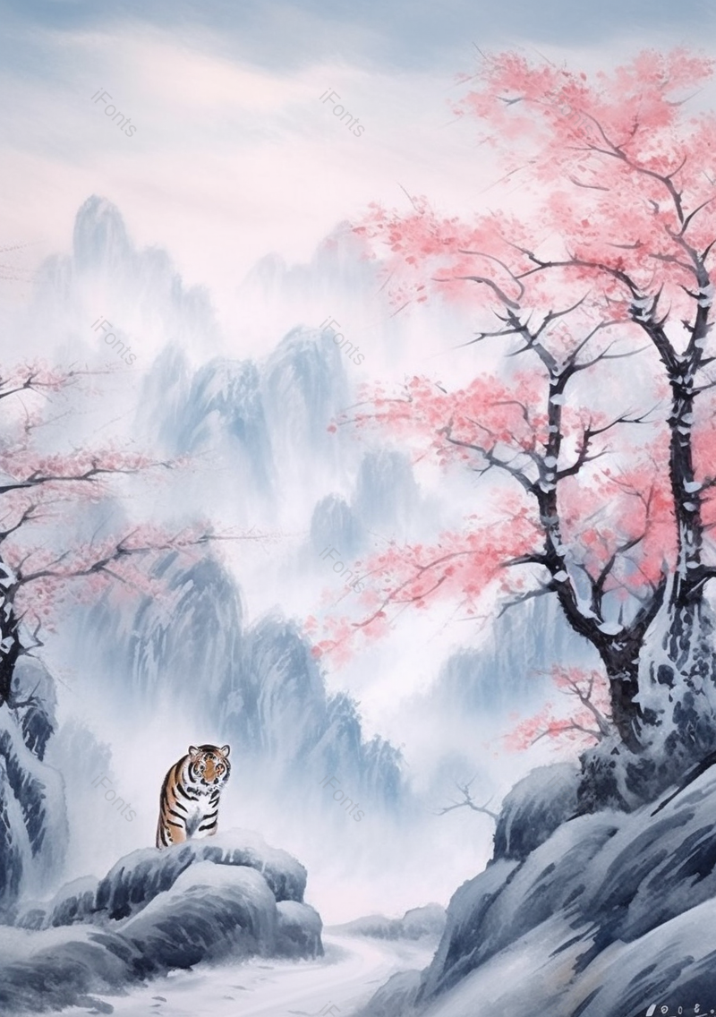 老虎手绘国风水墨山水插画背景,插画/手绘图,插画/手绘图库,插画/手绘图下载,插画/手绘